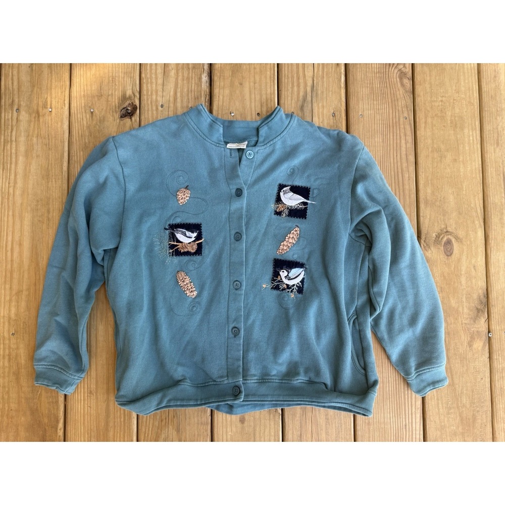 Vintage Artisans Size Large Embroidered Birds Cottagecore Button Up Sweatshirt